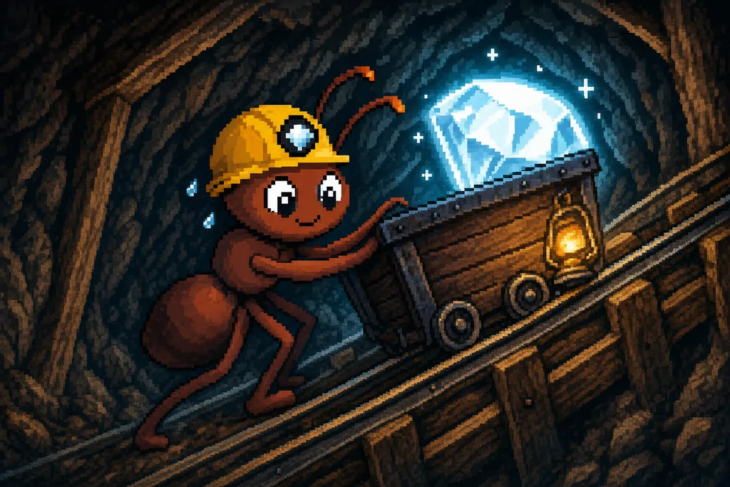 The ant pushes a mine cart with the diamond up the rails.