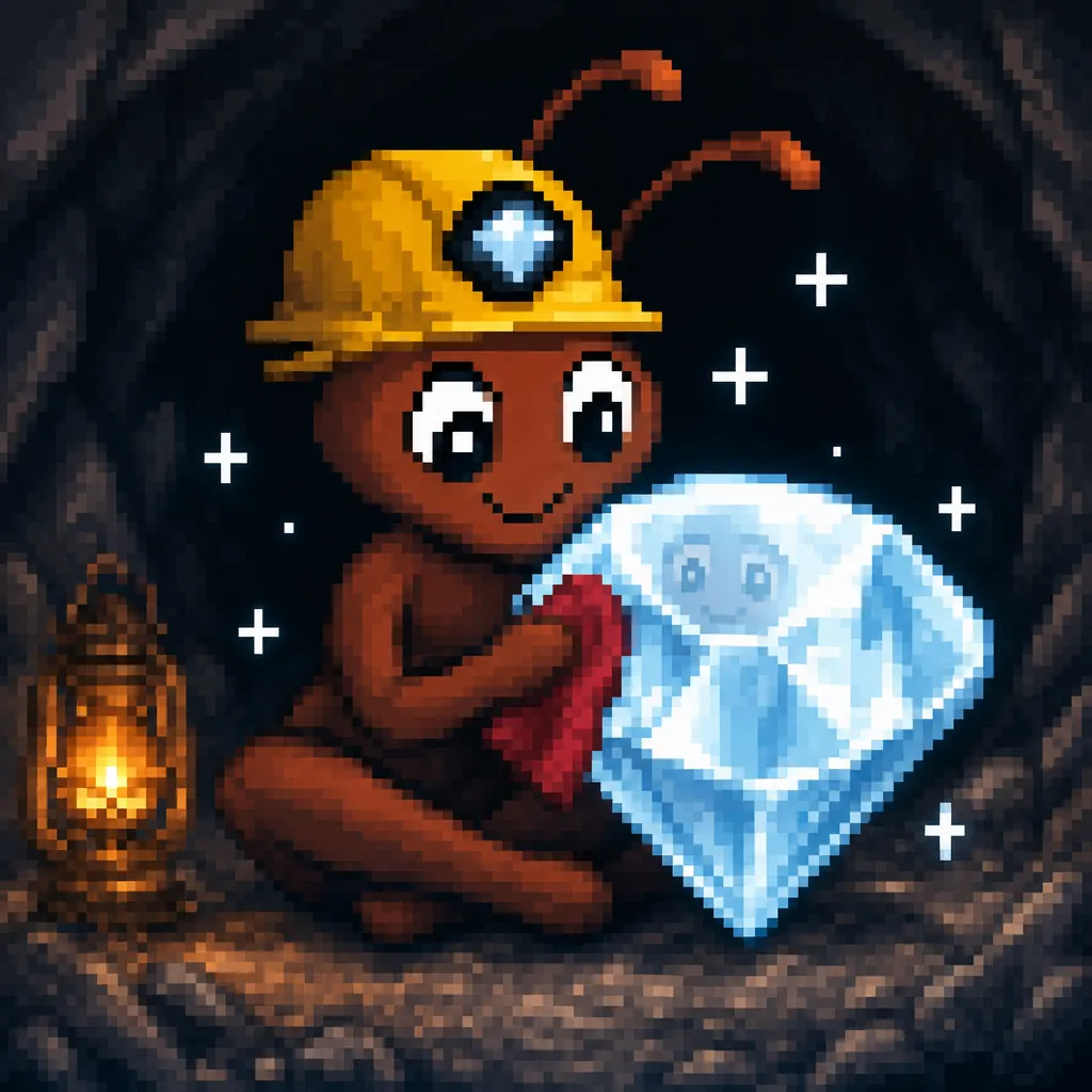 The ant polishes the diamond with a red cloth; his face shows in it.