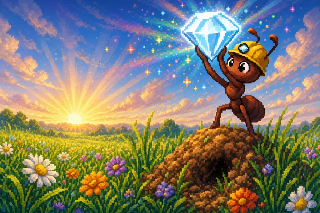 At sunrise on top of the anthill, the ant holds the diamond high.